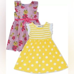 Toddler Girls Crisp Cotton Floral Dress and Knit Blend Patterned Dress, 2 Pack